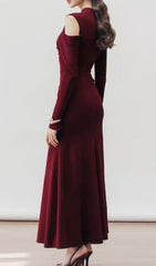 Gaines Wine Asymmetrical Draped Long Sleeve Maxi Dress