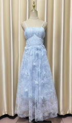 Heli Dreamy Blue Floral Lace Pleated Maxi Dress