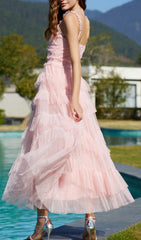 Ethereal Pink Ruffle Tiered Tulle Maxi Dress