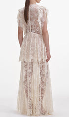 Elegant Tiered Lace Maxi Dress with Diamant Bow & Ruffled Sleeves