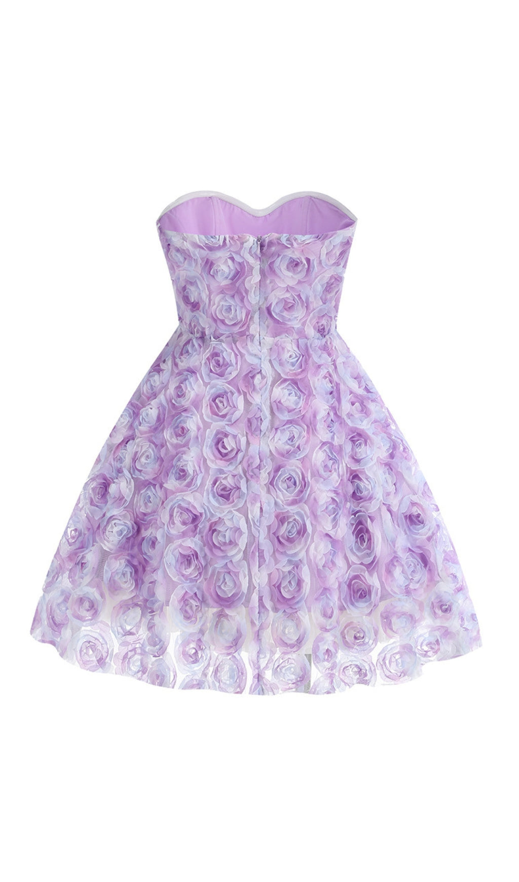 Berke Whimsical Lavender 3D Floral Strapless Mini Dress