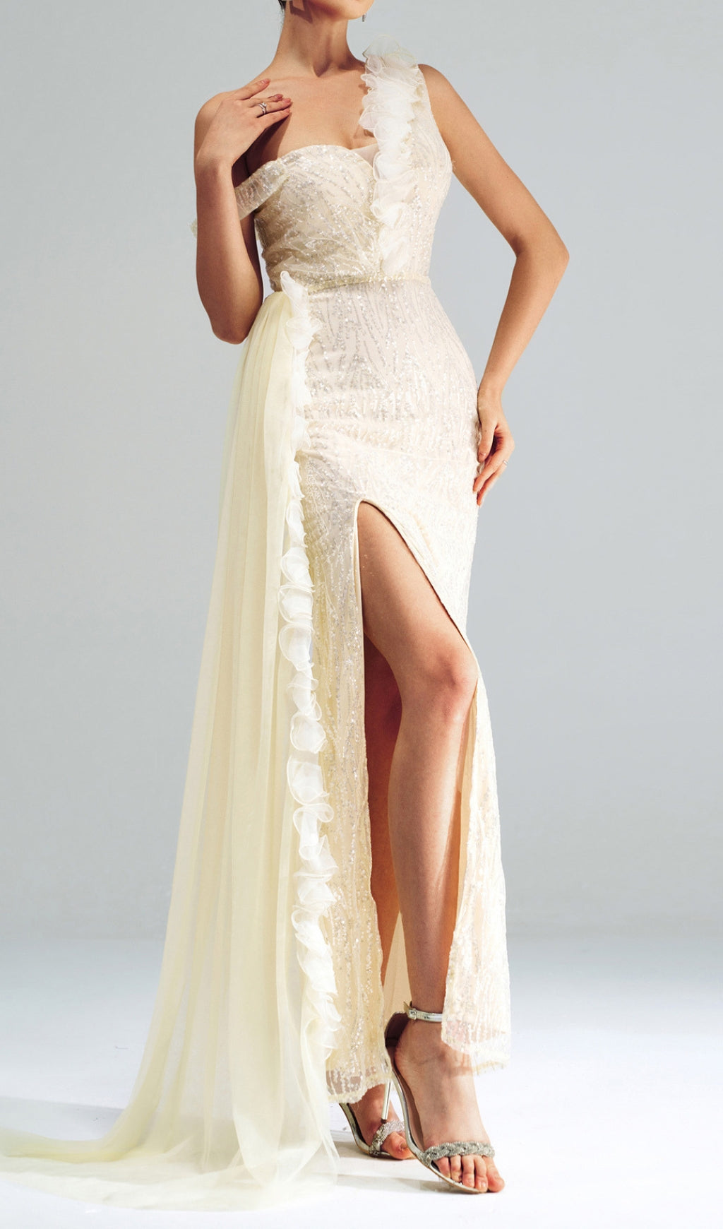Capella One-Shoulder Ruffle Sequin Maxi Gown with High Slit