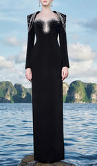 Fyra Luxe Diamante Chain Shoulder Long Sleeve Maxi Gown
