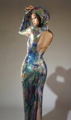 Dazzling Holographic Glitter Ombre Hooded Maxi Dress