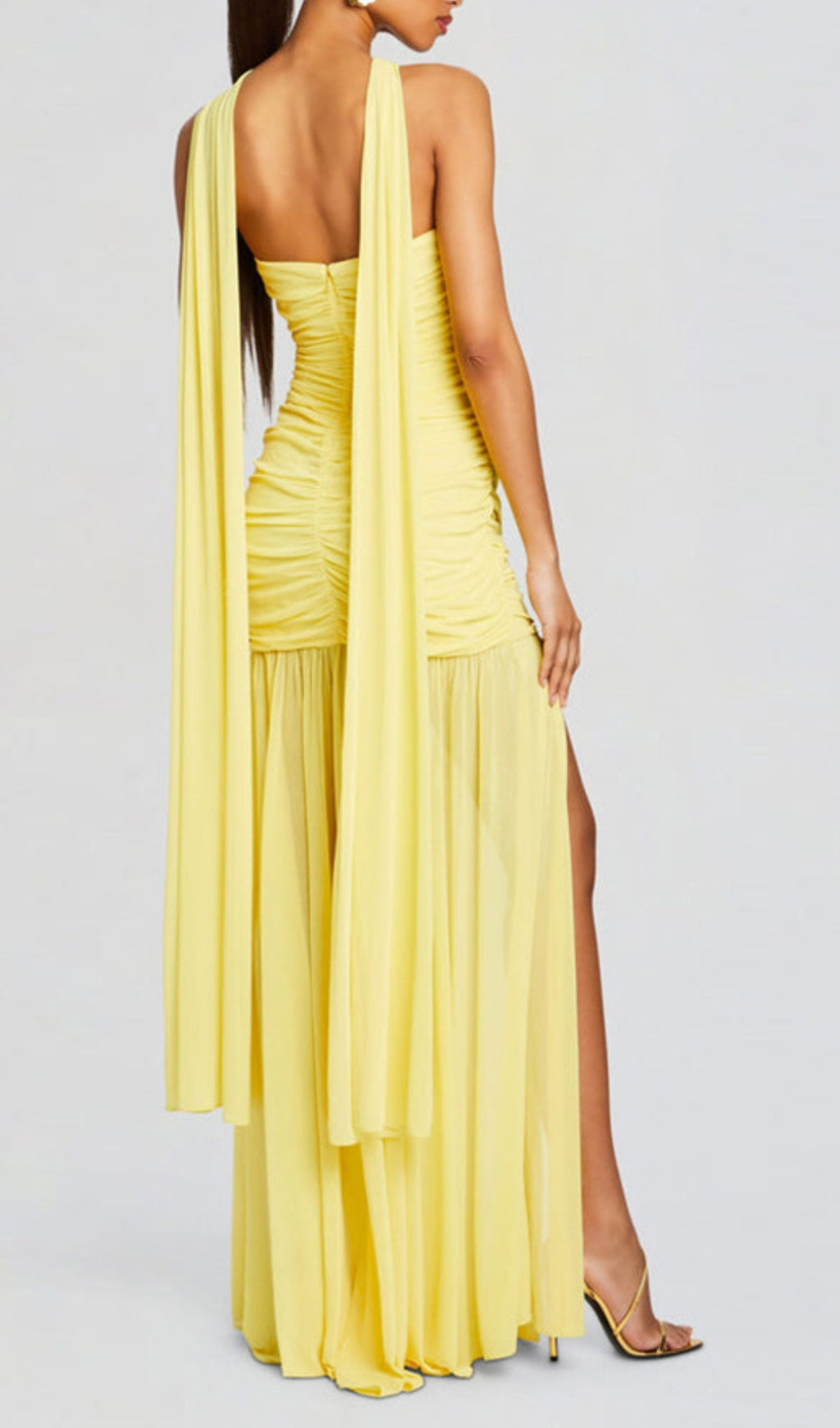 Radiant Bryony Yellow Halter Ruched Maxi Dress with High Slit
