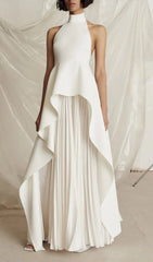 Elegant White Halter Neck Maxi Dress with Sculpted Peplum & Pleated Skirt