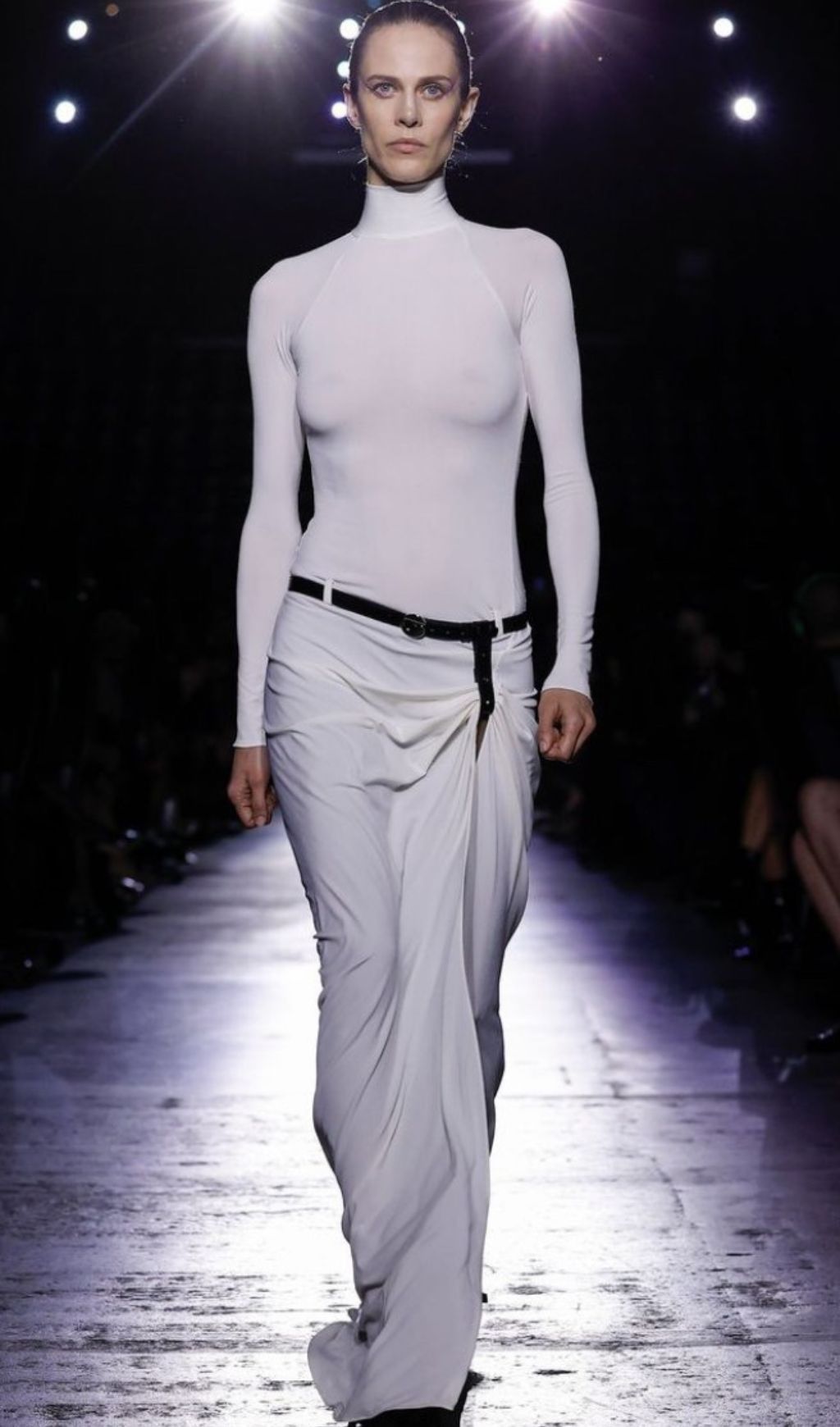 Fedora White Long Sleeve Turtleneck Draped Maxi Dress with Belt