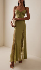Haldis Elegant Olive Green Lace-Panel Maxi Dress