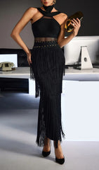 Fermin Women's Black Halterneck Bandage Fringe Midi Dress