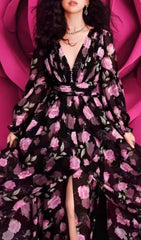 Romantic Pink Rose Floral Long Sleeve Maxi Dress