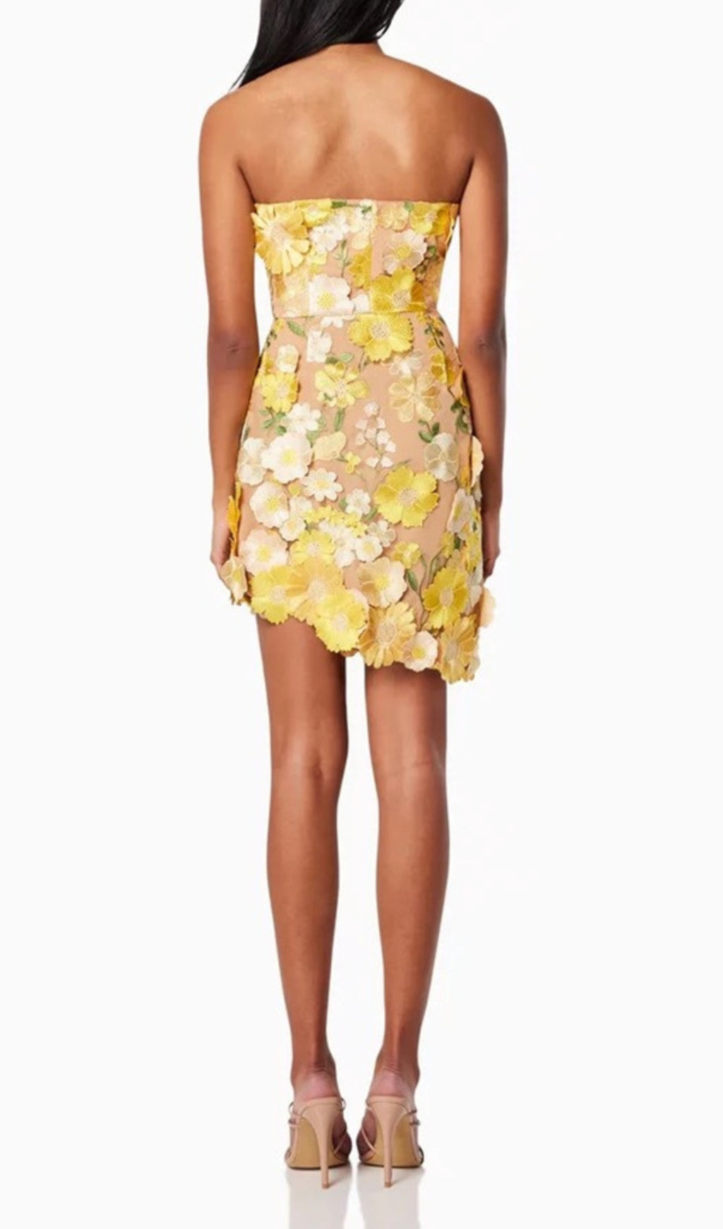 Destinee Yellow Floral Dream Embellished Strapless Mini Dress