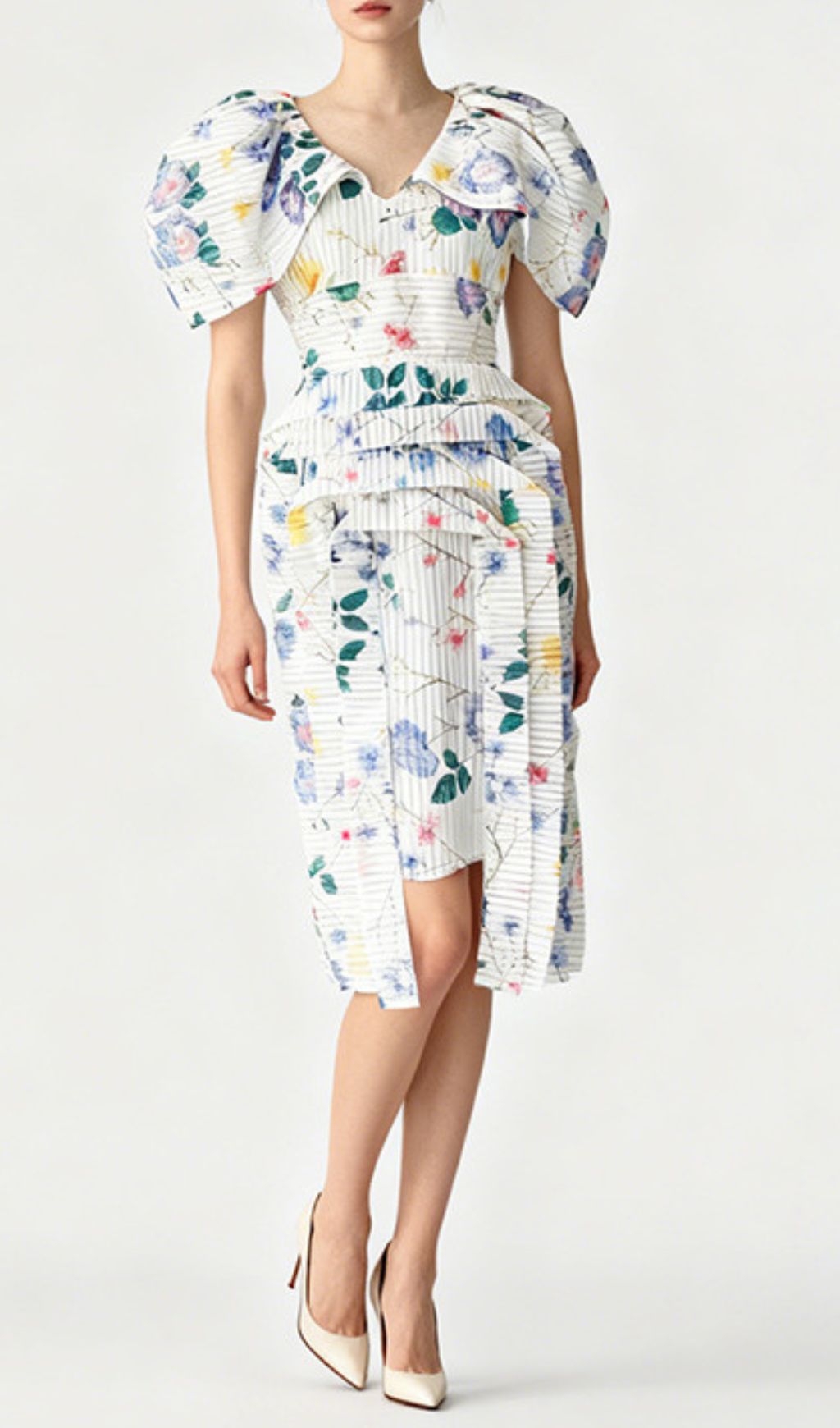 Janis Chic Floral Stripe Puff Sleeve Midi Dress