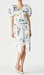 Janis Chic Floral Stripe Puff Sleeve Midi Dress