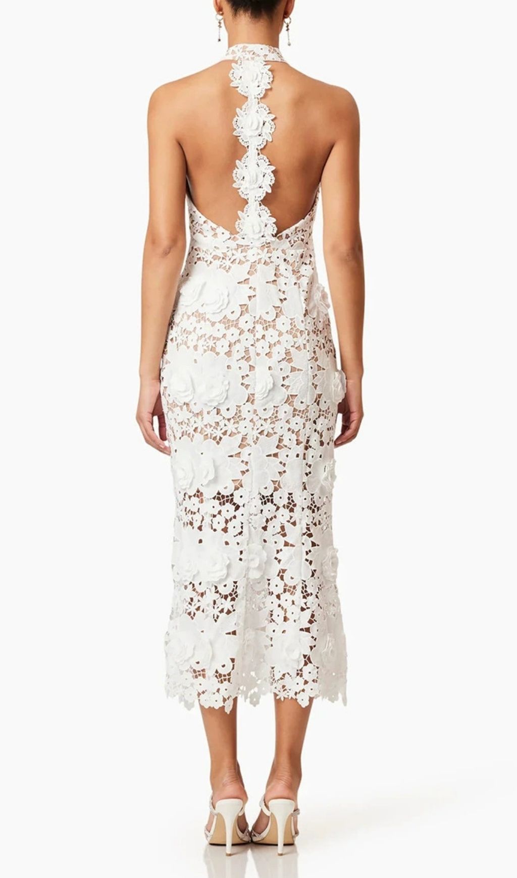 Etsu Elegant White Halter Midi Dress with 3D Floral Appliques