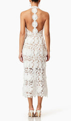 Etsu Elegant White Halter Midi Dress with 3D Floral Appliques