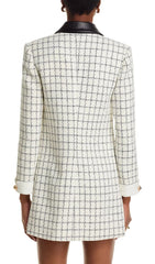 Luxe Windowpane Boucl Mini Dress with Leather Trim & Gold Buttons