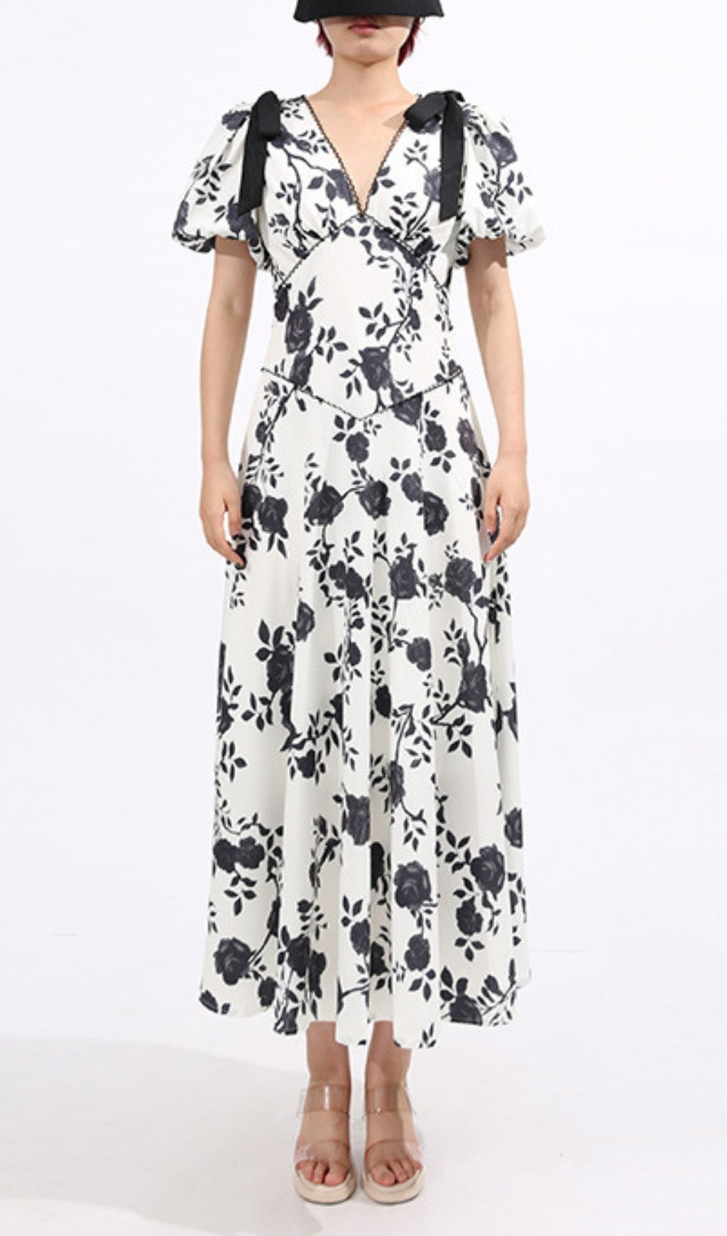 Filip Chic Black & White Floral V-Neck Midi Dress with Puff Sleeves
