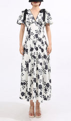 Filip Chic Black & White Floral V-Neck Midi Dress with Puff Sleeves