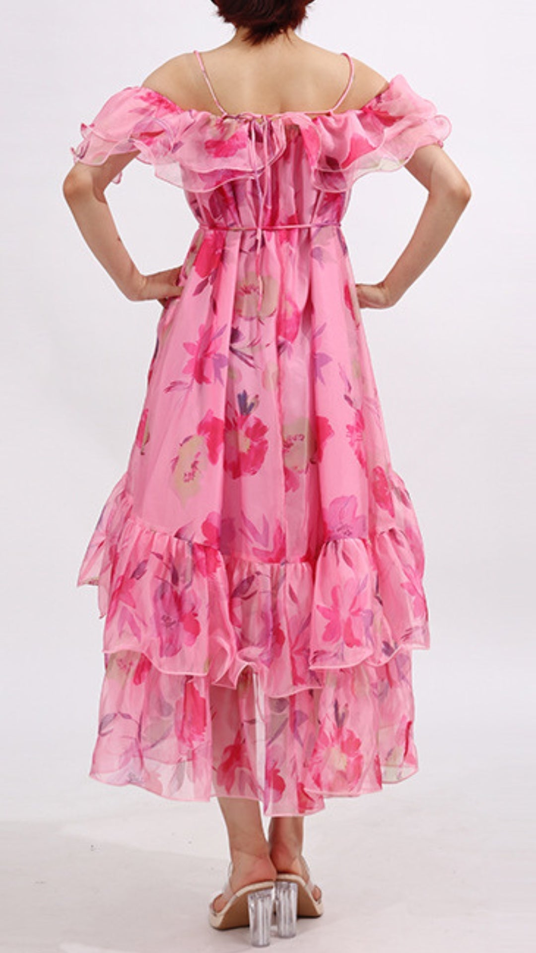 Effortless Chic Flora Pink Ruffle Floral Off-Shoulder Midi Dress