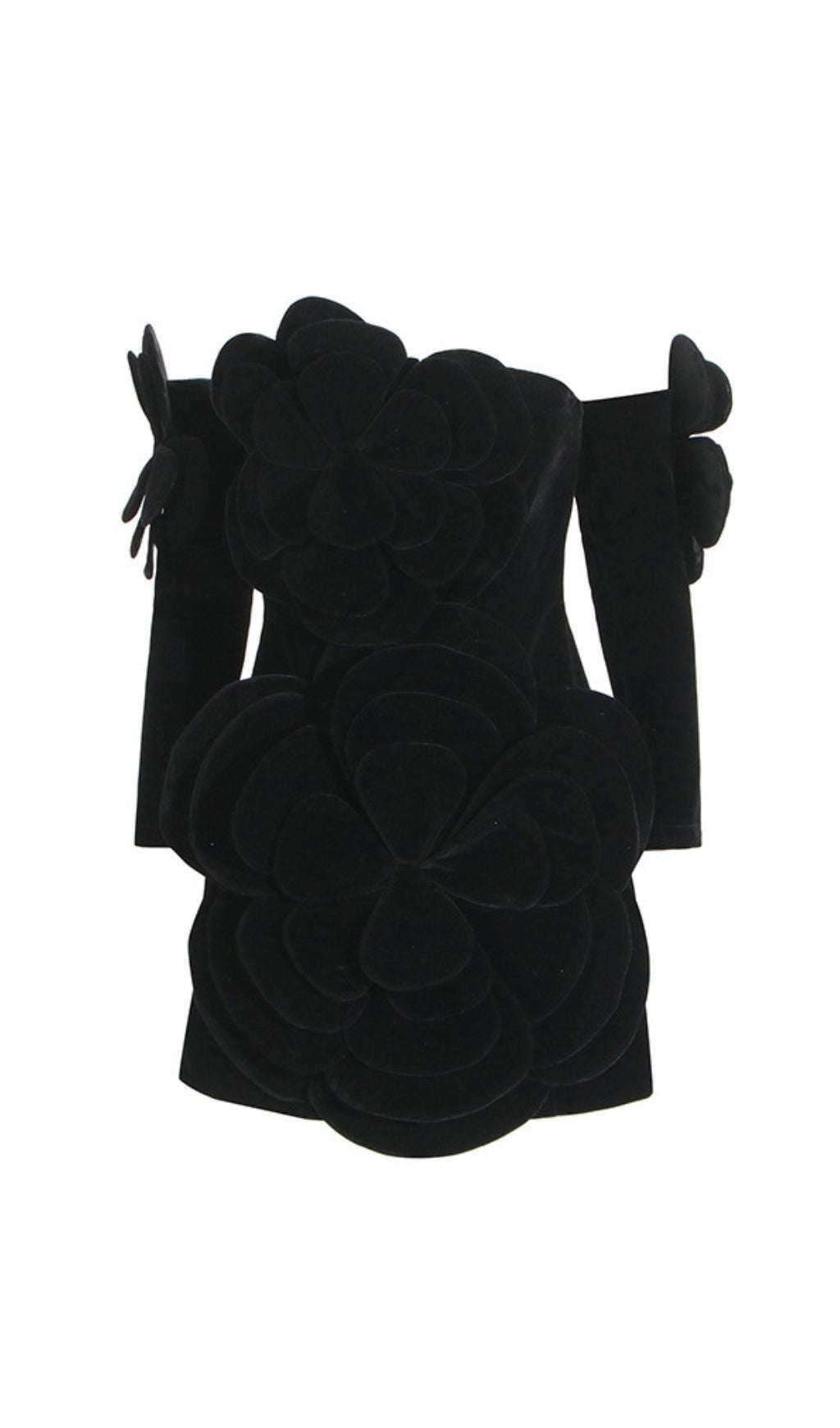 Ceren Black Floral Applique Strapless Mini Dress with Matching Gloves