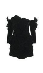 Ceren Black Floral Applique Strapless Mini Dress with Matching Gloves