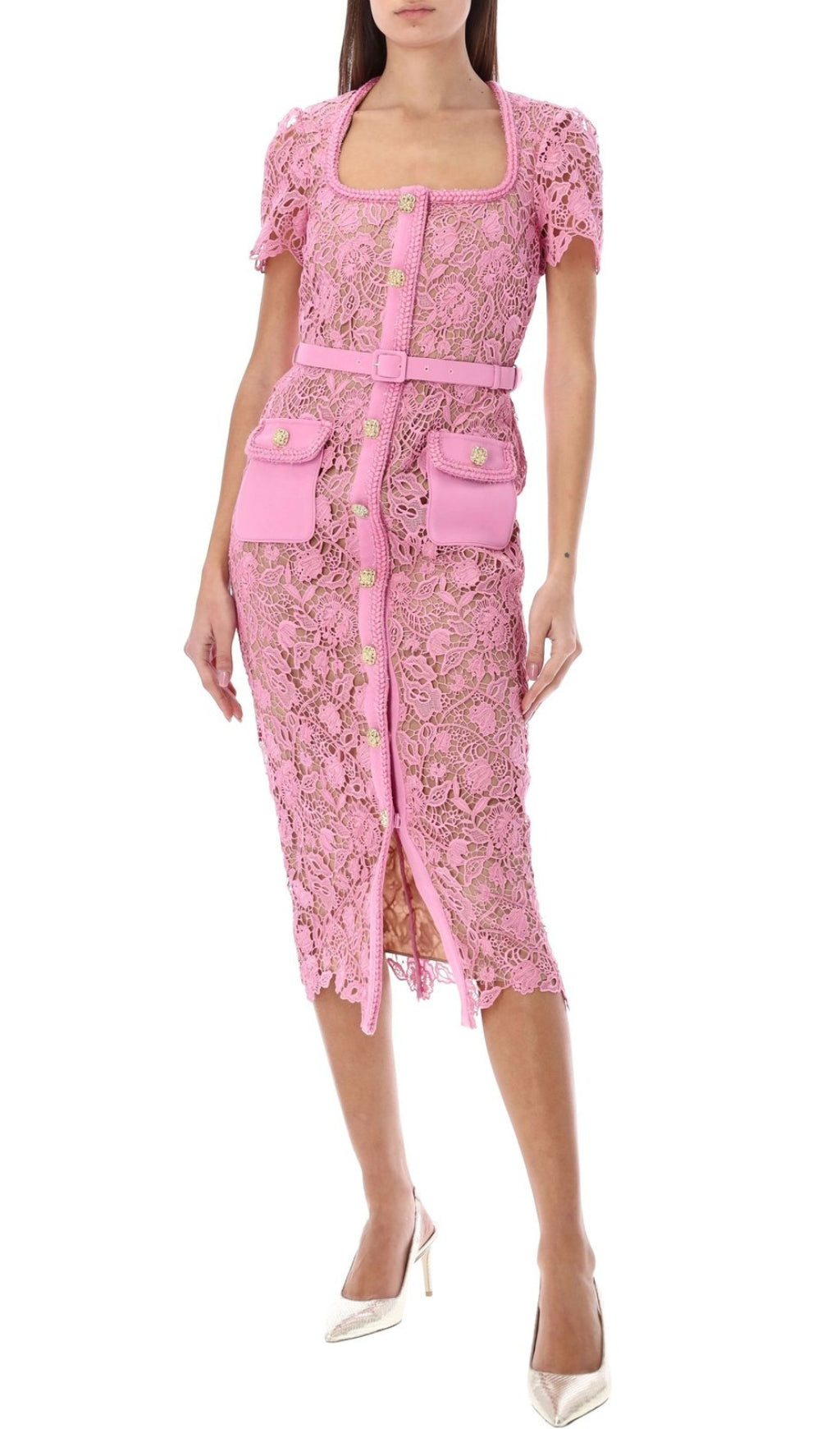 Anna Chic Pink Guipure Lace Midi Dress