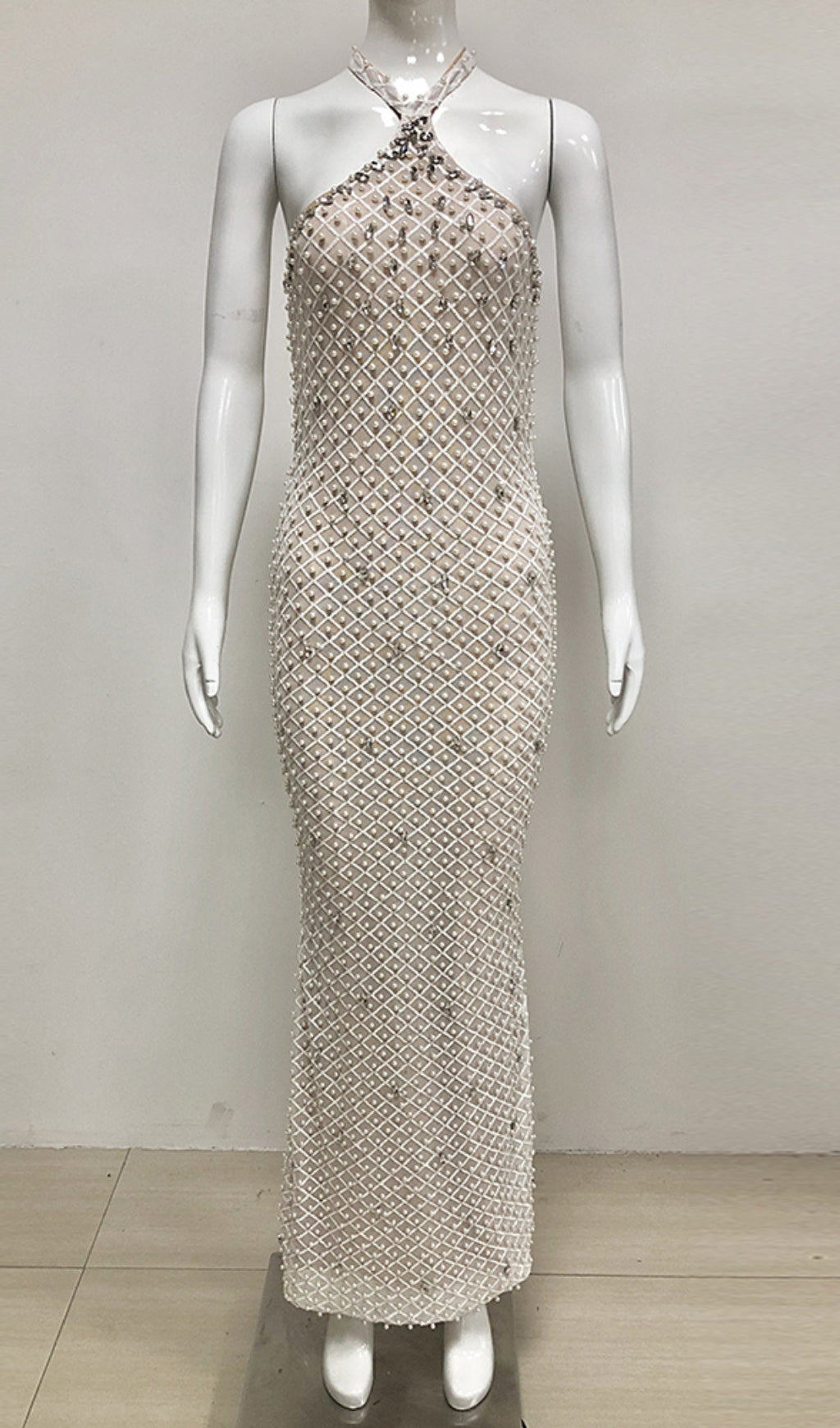 Cilian Dazzling Halter Crystal Pearl Sequin Maxi Gown