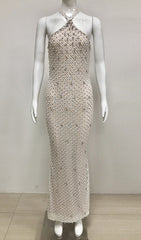 Cilian Dazzling Halter Crystal Pearl Sequin Maxi Gown