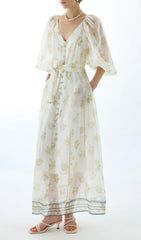 Jacobo Floral Puff Sleeve V-Neck Maxi Dress