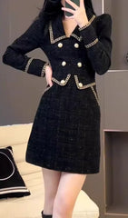 Campana Chic Black Tweed Mini Dress with Gold Chain & Button Accents