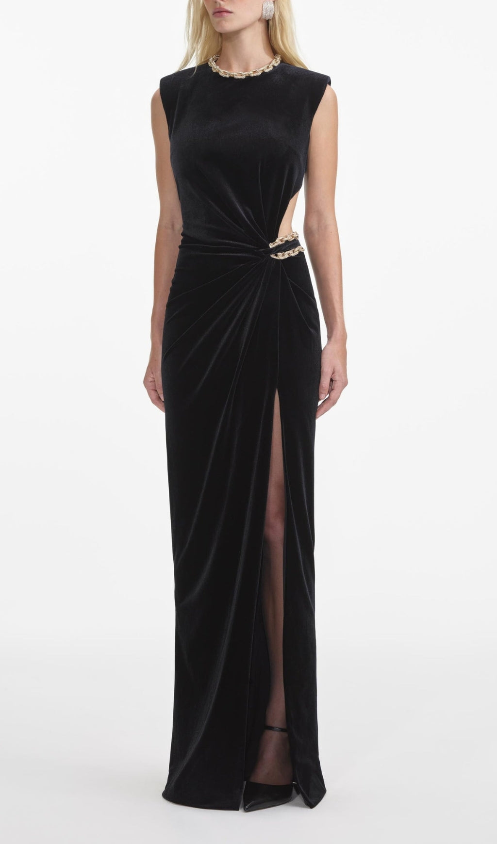 Glamorous Black Velvet Maxi Dress with Crystal Chain & Cutout Detail