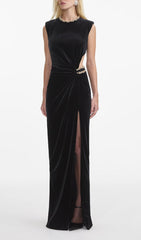 Glamorous Black Velvet Maxi Dress with Crystal Chain & Cutout Detail