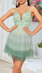 Stunning Haroun Green Floral Applique Tiered Mesh Mini Dress