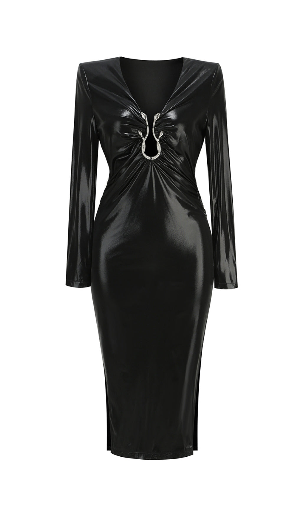 Caitlin Glamorous Leather V-Neck Midi Dress