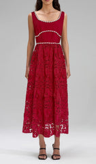Earline Fuchsia Embellished Floral Lace Midi Dress