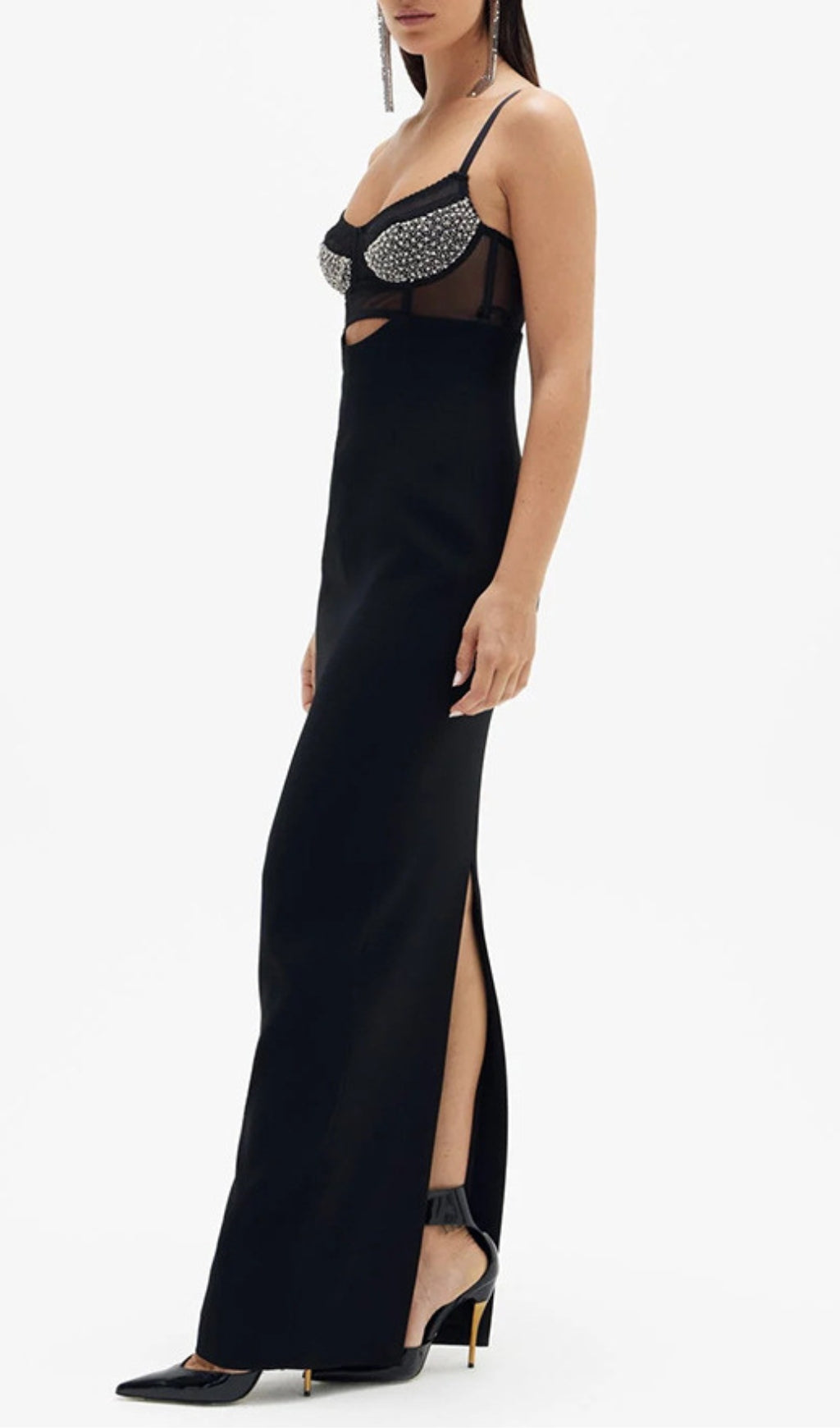 Aideen Black Embellished Maxi Dress with Chic Cutout