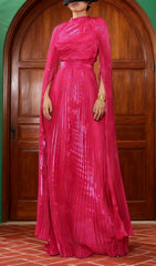 Hodaya Vibrant Pink Pleated Long Sleeve Maxi Dress