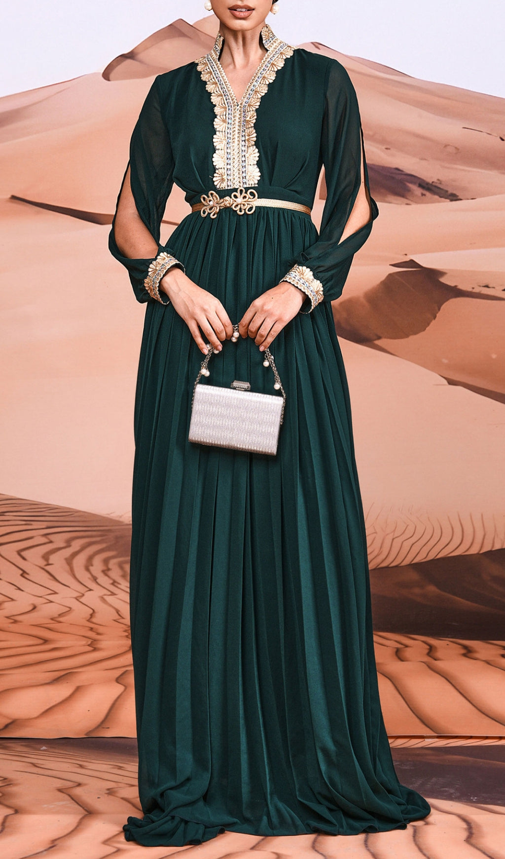 Croia Emerald Green Embroidered V-Neck Pleated Maxi Dress