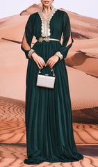 Croia Emerald Green Embroidered V-Neck Pleated Maxi Dress