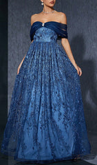 Dionne Enchanting Navy Off-Shoulder Embroidered Maxi Gown
