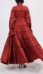 Genaro Deep Red Tiered Maxi Shirtdress with Ruffled Sleeves & Tie Waist