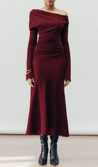 Gail Elegant Off-Shoulder Wine Midi Dress