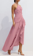 Finneas Chic Pink Halter Pleated Maxi Gown with High Slit