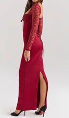 Cazzie Glamorous Red Lace Long Sleeve Corset Maxi Dress