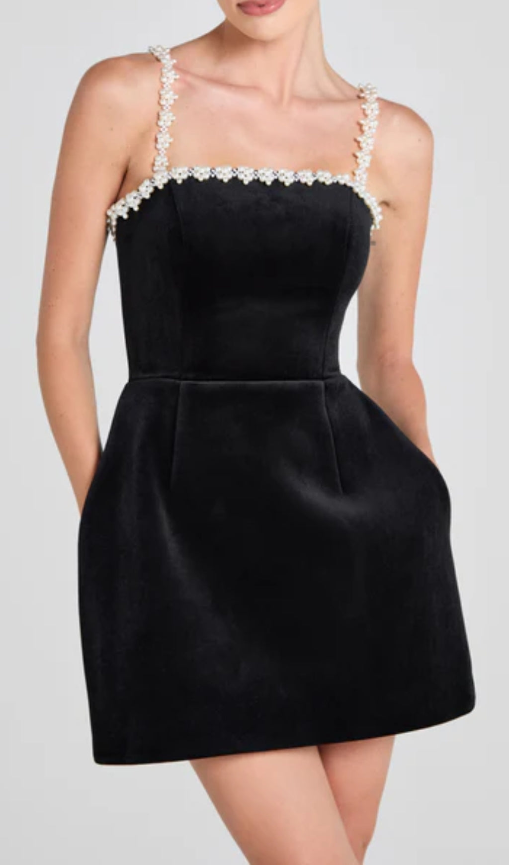 Deirdra Black Velvet Pearl Mini Dress
