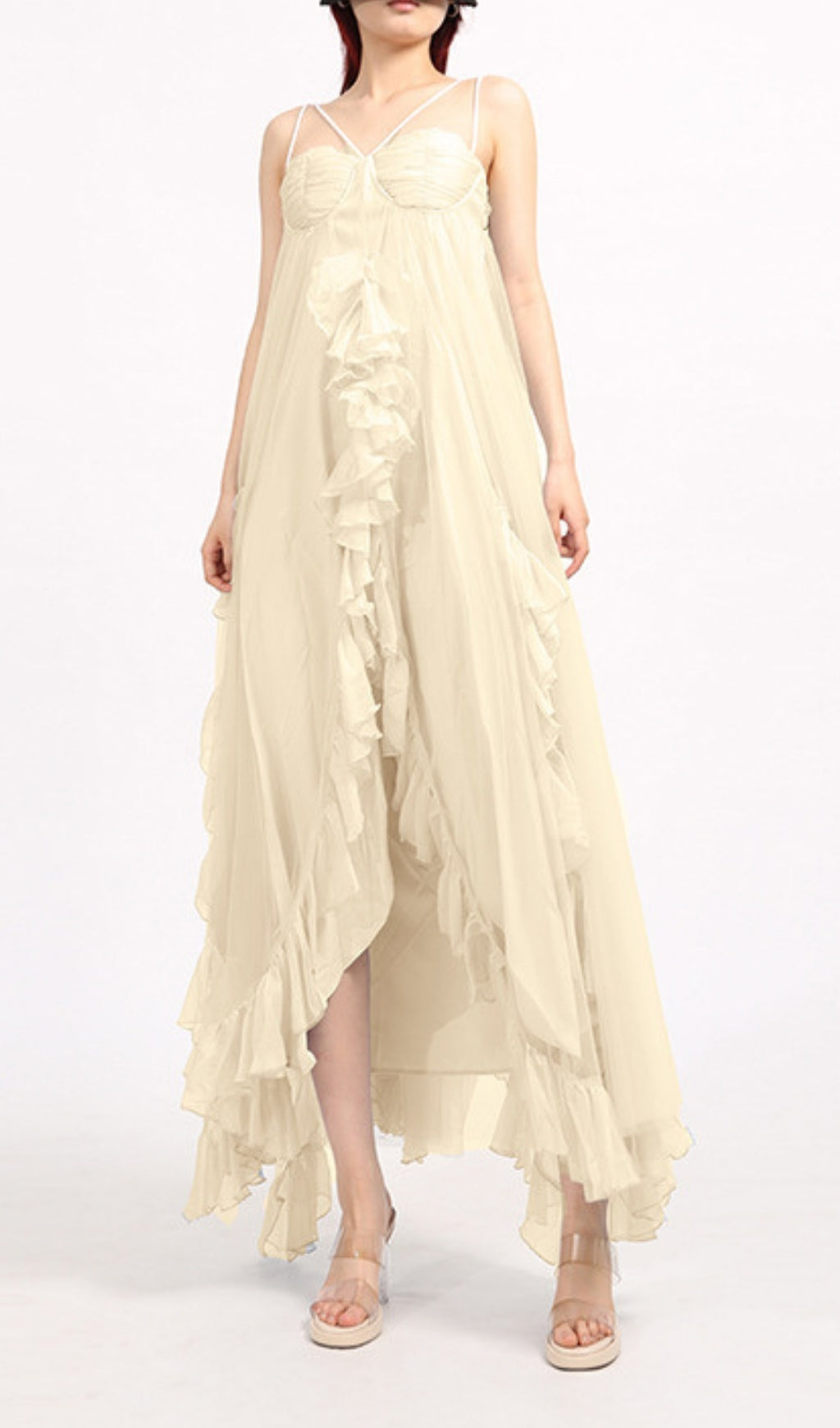 Ebru Ethereal Ruffle Mesh Maxi Dress