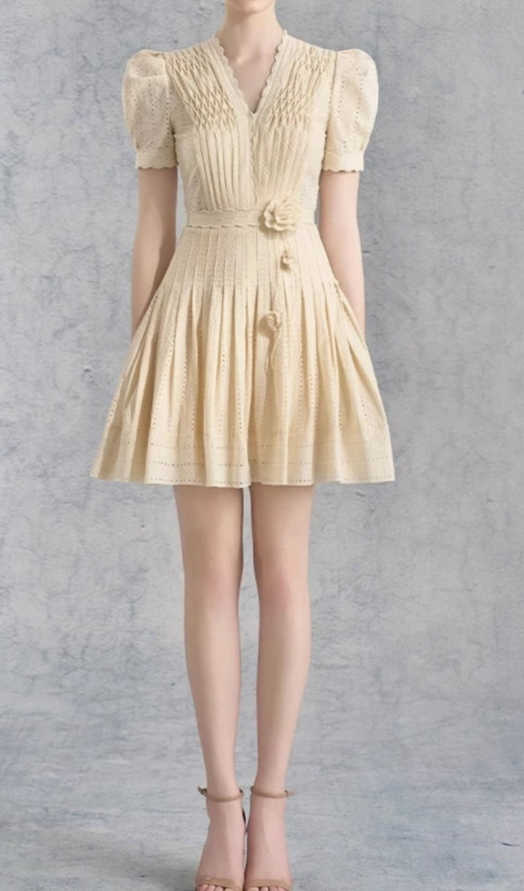 Cemile Chic Pleated Eyelet Mini Dress with 3D Floral Details