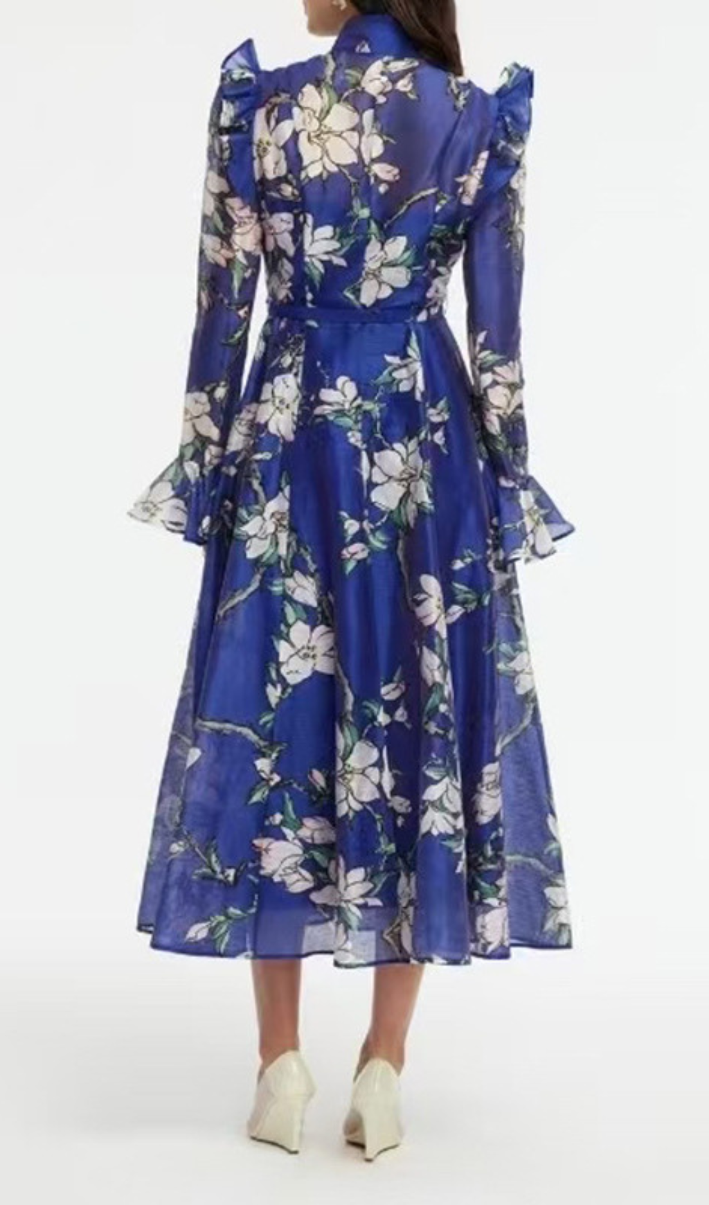 Gavrila Chic Blue Floral Sheer Ruffle Midi Dress