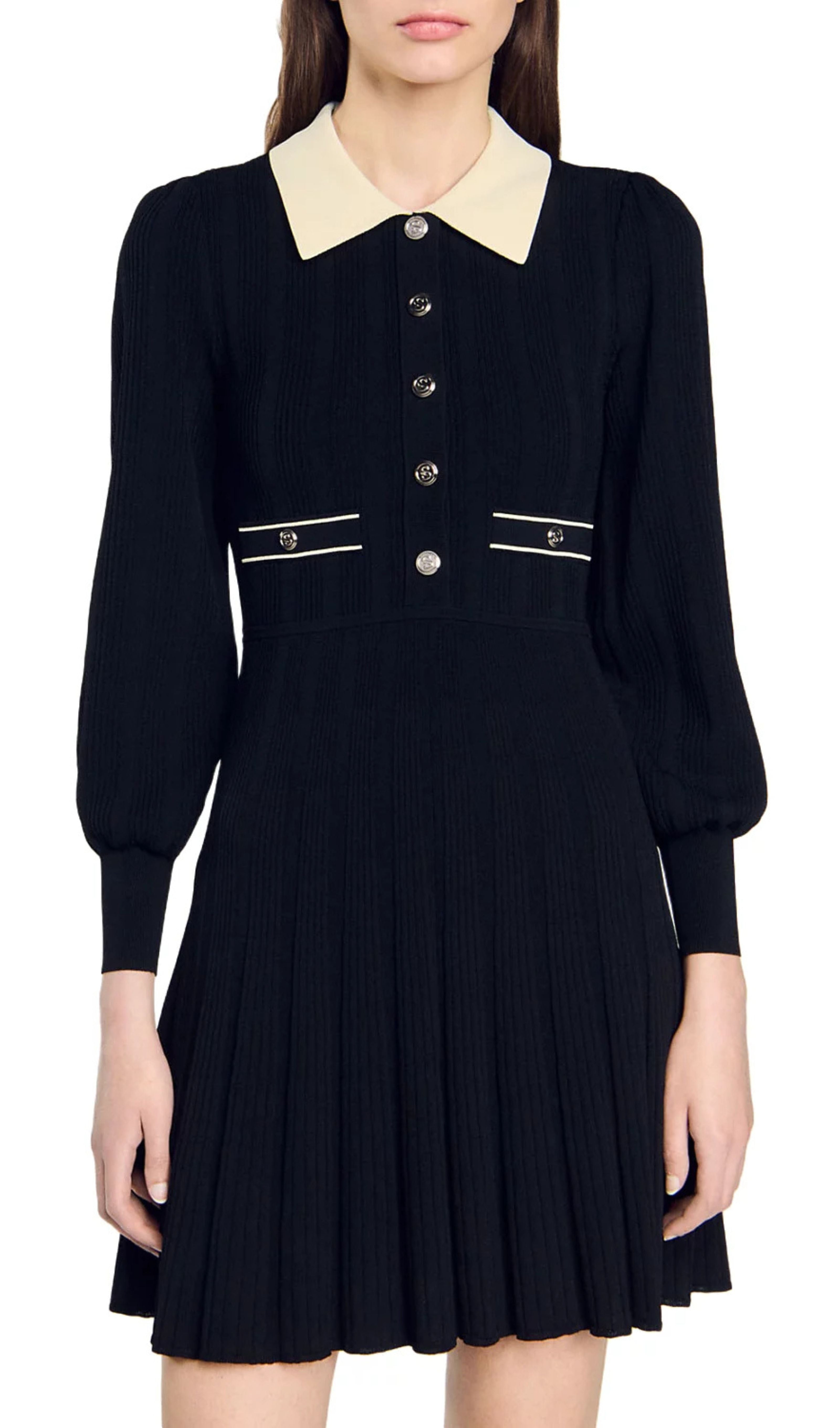 Lison Chic Black Knit Mini Dress with Contrast Collar & Pleated Skirt