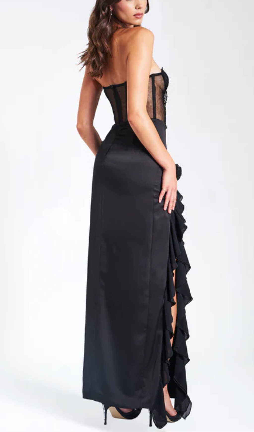 Amlie Black Satin Lace Corset Maxi Dress